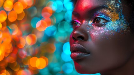 A vibrant portrait with bokeh lights, highlighting glitter makeup on a model's face, showcasing beauty and contrast.