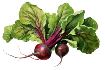Whole beetroot, washed and scrubbed, separated on a white background.