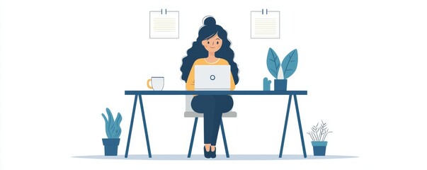 Woman working on laptop at a desk in a modern, minimalist office setup