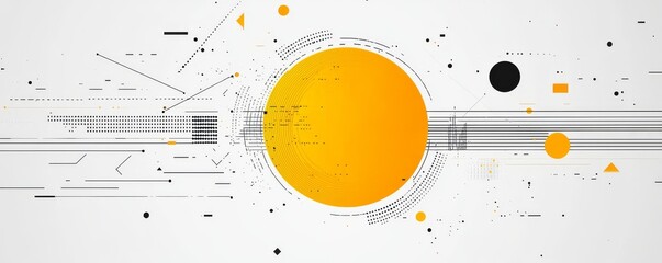 Abstract geometric design with yellow circle, lines, and shapes on white background