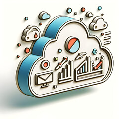 Flat 3D cloud service icon on blue background with text and graphics space, ideal for project timelines and cloud plans. Doodle line cartoon style.
