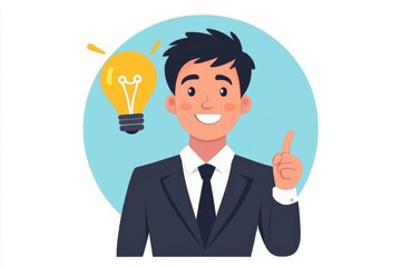 Animated man in a suit with a happy expression and a lightbulb idea