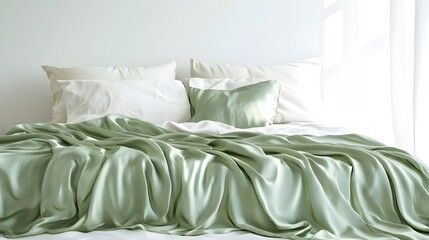 Cozy and Serene Green Bedding in a Modern Minimalist Bedroom