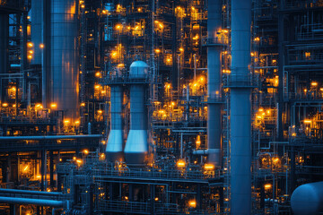 Dazzling Nighttime View of a Vast Oil Refinery with Glowing Pipes and Towers