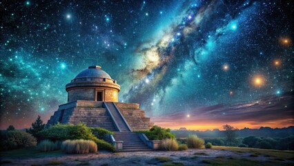 Mayan observatory with bioluminescent stars and holographic constellations in mystical nightscape, Mayan