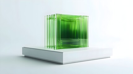 Minimalist Green Glass Cube on Podium in Contemporary Exhibition Space