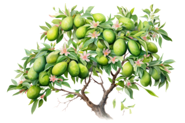 A very unusual watercolor painting of an avocado tree isolated on a white background.