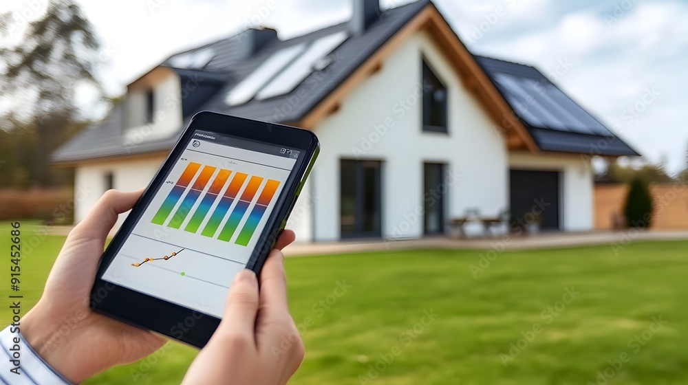 Poster modern smart home automation controlled via smartphone app on grass lawn landscape