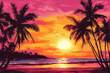 Fiery Sunset Over a Tropical Beach with Silhouetted Palm Trees