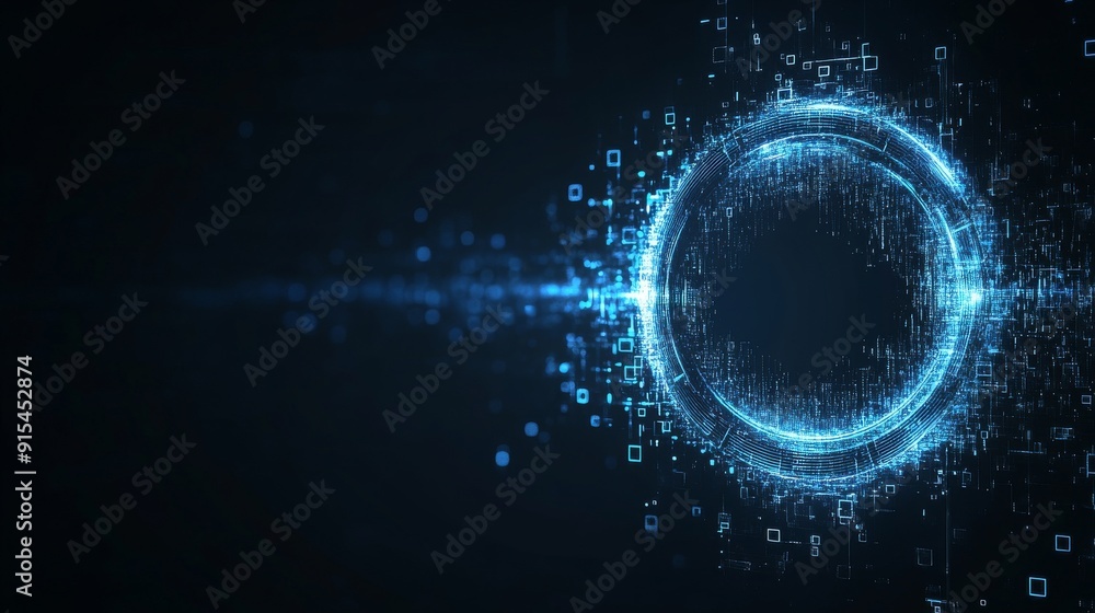 Poster an abstract blue background with rays and neon; a round abstract tunnel with blue neon. a circle lig