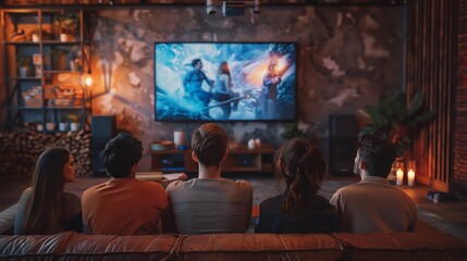 Group of friends watching a movie on a large TV in a cozy, dimly-lit living room, enjoying a relaxing evening together.