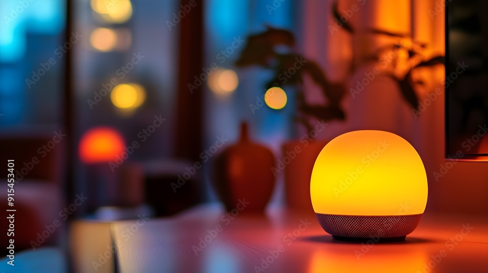 Poster smart speaker controlling lights and music with voice command in tech-savvy home