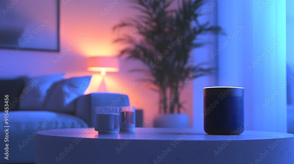 Poster smart speaker controlling lights and music via voice commands in modern tech-savvy home