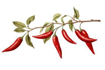 Vintage red chili pepper branch isolated on white background.