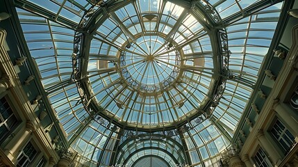 The massive metal and glass dome of the royal greenhouse ceiling roof