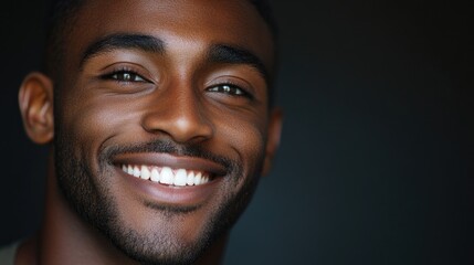 Obraz premium Smiling black guy face portrait at dark studio background