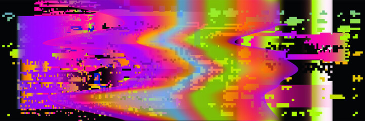 Retrofuturistic abstract background with pixelated glitches and ambient neon disturbances.