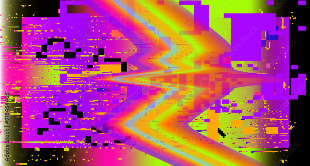 Poster retrofuturistic abstract background with pixelated glitches and ambient neon disturbances.