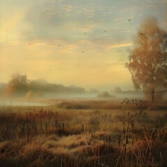 A tranquil, misty landscape at sunrise, featuring a calm field with golden grasses and a solitary tree.