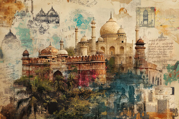 Naklejka premium A Fusion of Historical Architecture and Artistic Expression in Ink and Collage