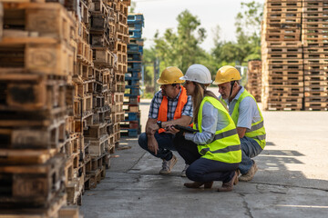 Wooden industry workers walk with their supervisor on the factory yard, checking numbers and quality of products. They discuss production details and ensure standards are met.	
