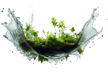 Clear water spurting out of the pond sparkles and glitters on the surrounding leaves, isolated on a white background.