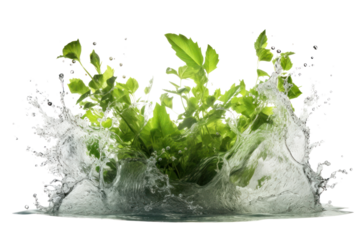 Clear water spurting out of the pond sparkles and glitters on the surrounding leaves, isolated on a white background.