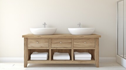 Fototapeta premium Bright bathroom features a double vanity wooden cabinet with open storage, a sleek bathtub, and simple decor, creating a calm and inviting atmosphere