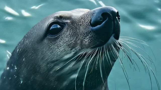 close-up of a sea lion after bathing with black eyes footage