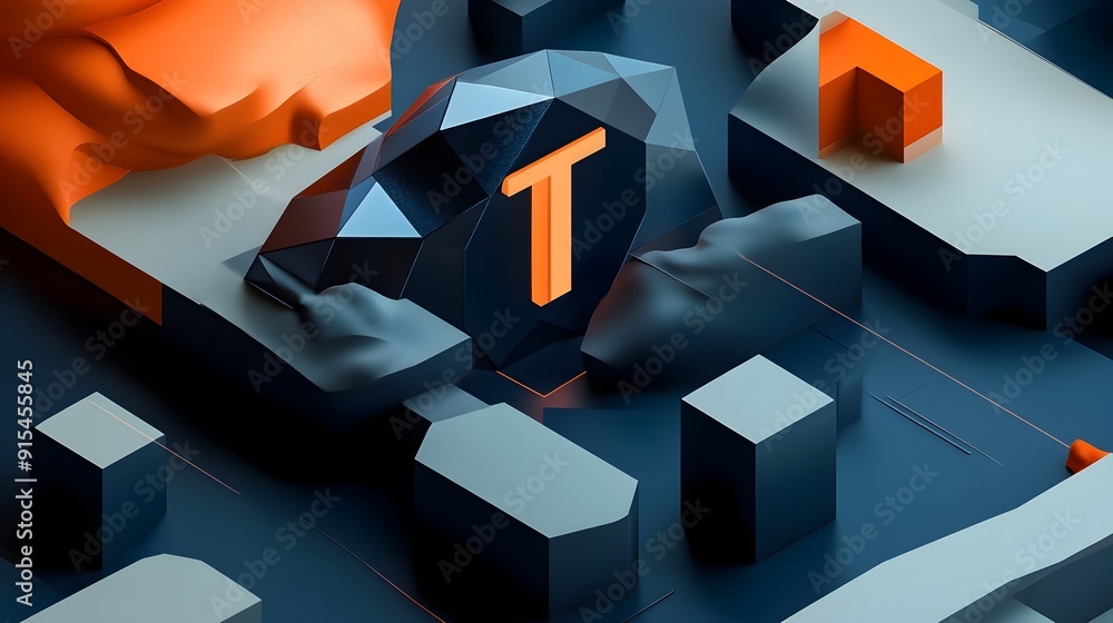 Poster captivating geometric abstract composition with cubes and triangles in striking colors