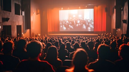 Crowded movie theater auditorium with audience during premiere or movie screening event