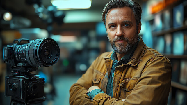 A confident photographer stands in a vintage store, showcasing his passion for photography with a professional camera.