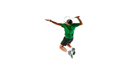 Endurance and skill. Dynamic image of competitive man, badminton athlete in motion with racket, playing isolated on white background. Concept of sport, competition, active and healthy lifestyle