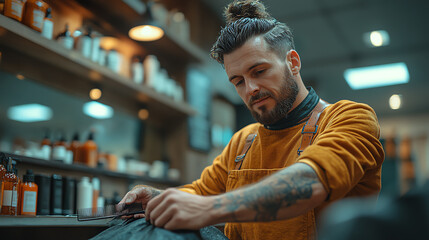 A focused barber skillfully trims hair in a stylish barbershop, showcasing creativity and precision in his craft.