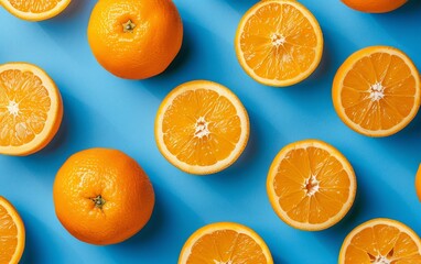 Vibrant pattern of fresh oranges on a blue background, perfect for a healthy lifestyle