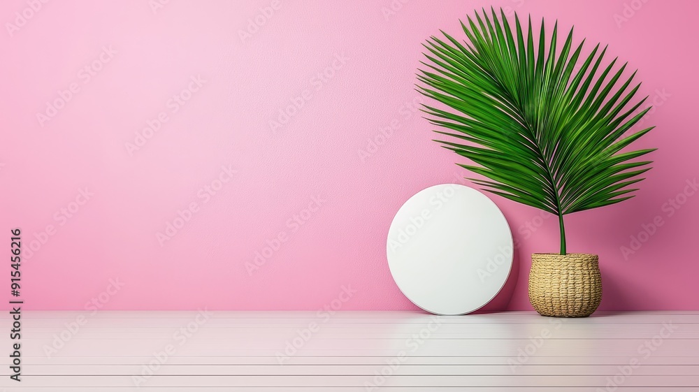 Poster a modern arrangement featuring a green palm leaf in a pot and a round white display object against a
