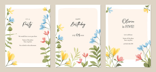 Vector cute transparent flowers illustration of colorful wildflowers. Floral templates for invitation, birthday, Mothers Day card, poster, post in social media, cover. Botanical frame, border, pattern
