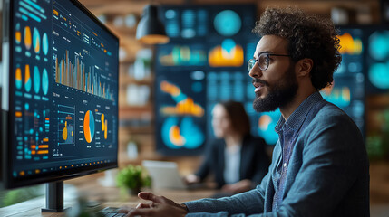 A focused professional analyzes data on a large computer screen in a modern office environment.