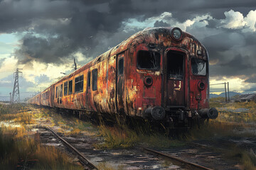 Obraz premium Abandoned Glory: A Rusty Train Stands Against a Stormy Horizon