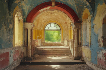 Naklejka premium An Abandoned Sanctuary with Sunlight Pouring Through a Circular Window