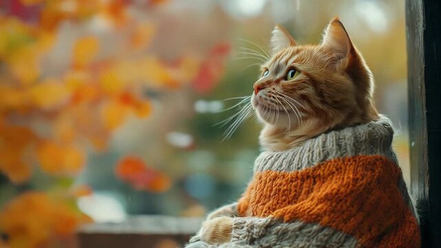 An adorable orange cat in a knitted sweater gazes out at colorful autumn foliage on a rainy day