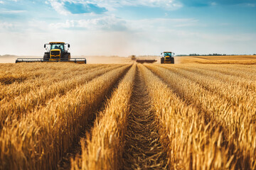 Fototapeta premium Bountiful Wheat Fields with Tractors Harvesting Under Blue Sky