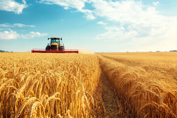 Fototapeta premium Majestic Tractor Plowing Through Endless Wheat Fields on a Sunny Day