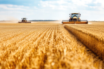 Obraz premium Harvesting the Bounty: Tractors Working Through Vast Golden Fields Beneath a Blue Sky