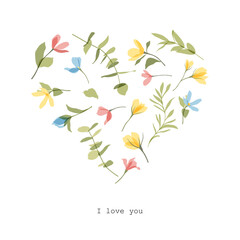 Botanical frame, border of vector cute transparent flowers. Bouquet and heart of colorful wildflowers. Floral templates for invitation, birthday, Mother's Day, Valentine's Day, social media post, card