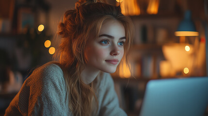 A focused young woman gazes at a laptop screen in a cozy, softly lit room, surrounded by warm ambiance and captivating decor.