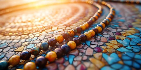 Wooden Bead Necklace on a Colorful Mosaic Background - Photo