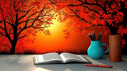 A serene autumn scene featuring a book, colorful leaves, and cozy decor with a warm sunset backdrop, perfect for peaceful reflection.