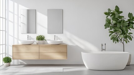 Bright bathroom features a double vanity wooden cabinet with open storage, a sleek bathtub, and simple decor, creating a calm and inviting atmosphere