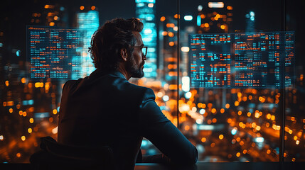 A professional man gazing at city skyline with digital data overlays, representing technology, innovation, and modern lifestyle.